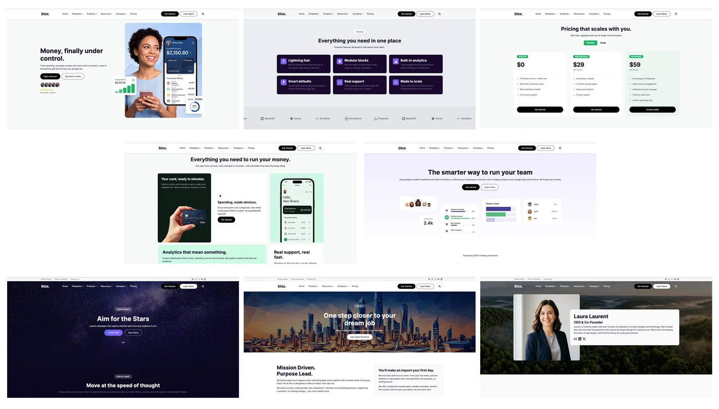 blox theme - collage of nine sample HubSpot pages built with the theme