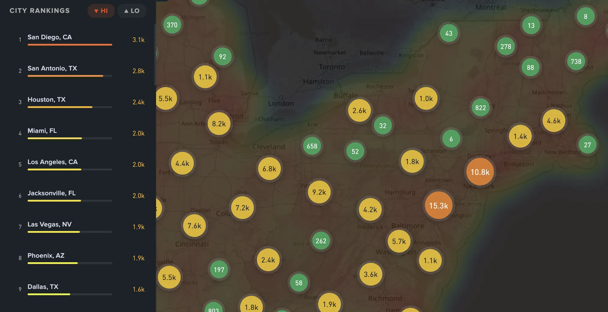 GeoList city rankings table showing top cities by contact count from CRM data