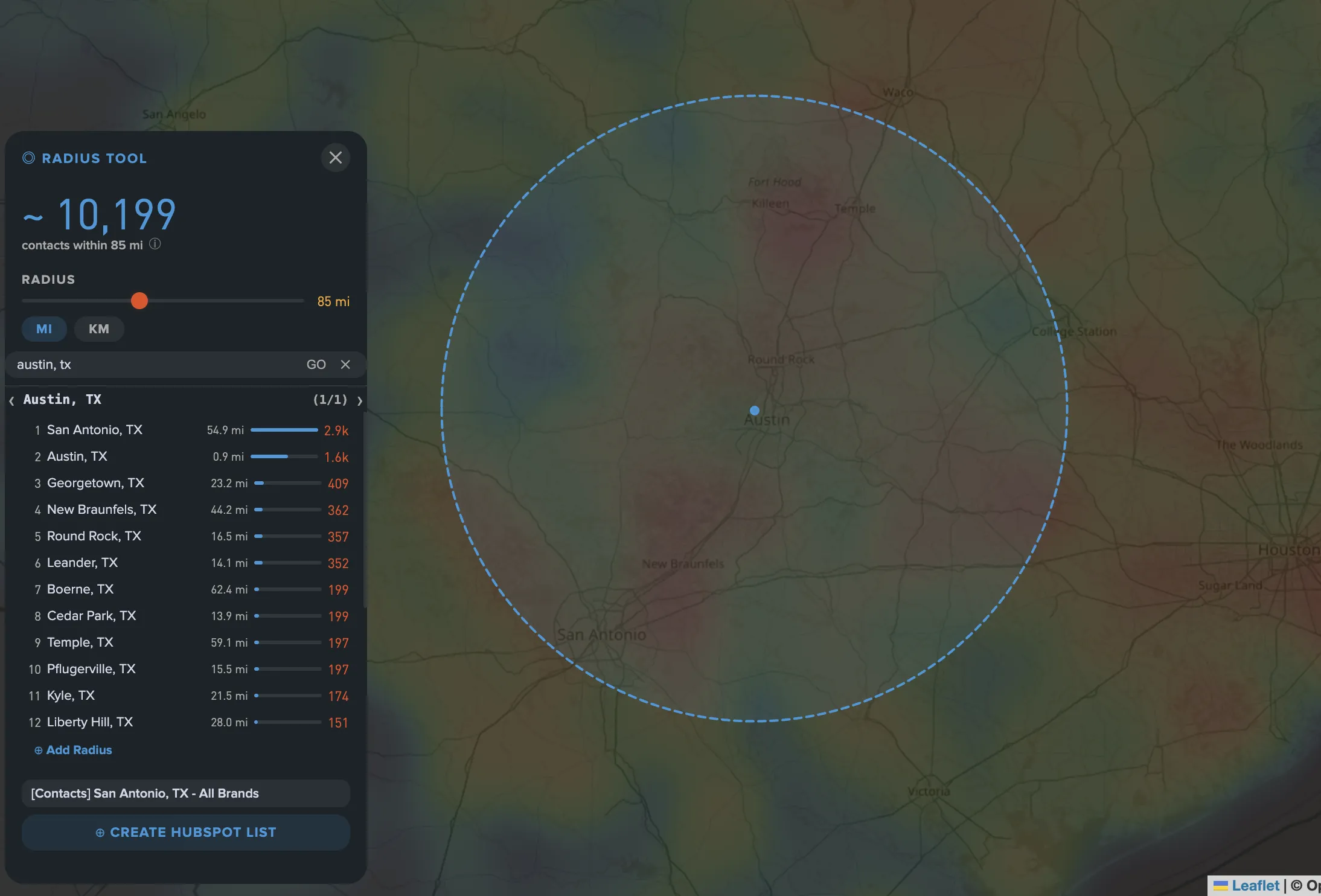 GeoList map view of 12 venues across the United States with 30-mile radius circles drawn around each, showing fan distribution