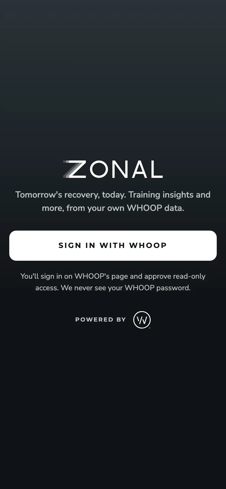 ZONAL Sign in screen: Members sign in with WHOOP and approve read-only access on WHOOP's own page.