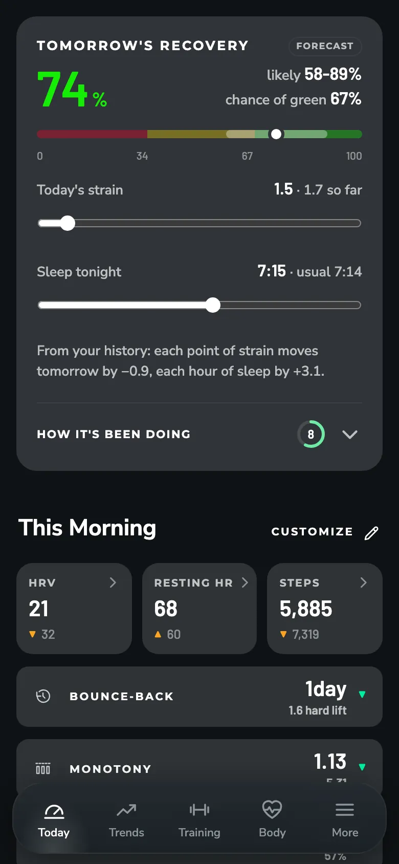 ZONAL Tomorrow's recovery screen: A forecast of tomorrow's recovery, with strain and sleep sliders to see what changes it.