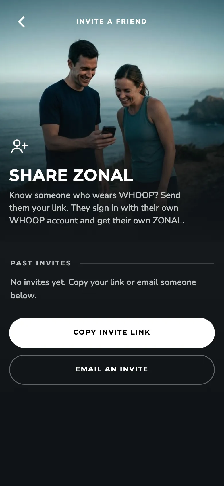 ZONAL Invite a friend screen: Members can share a personal link or send an invite email. Every email can unsubscribe.