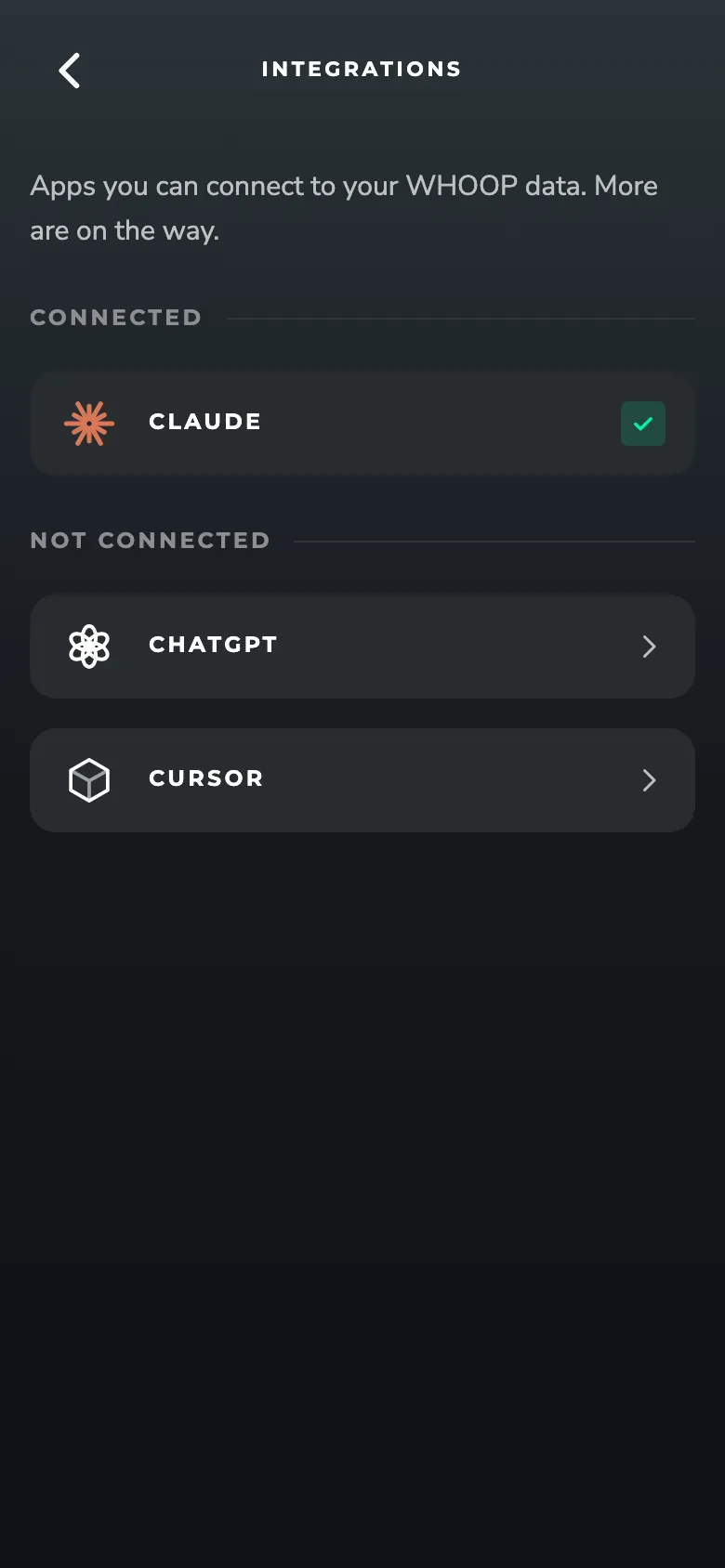 ZONAL Integrations screen: Optional connections to Claude, ChatGPT or Cursor, each behind its own consent screen.